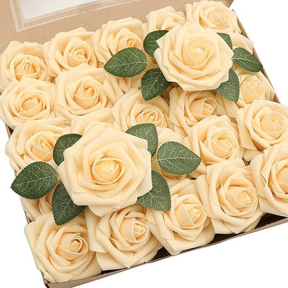 Floroom Artificial Flowers 25pcs Real Looking Creamy Yellow Foam Fake Roses by Floroom
