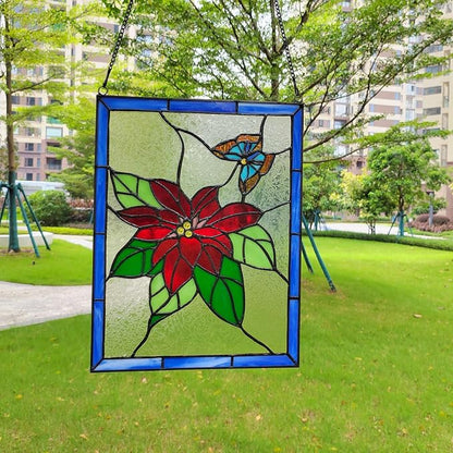 PA0020 Christmas Flower Stained Glass Hanging Panel-10 Wx13.25 H Window - Image 4