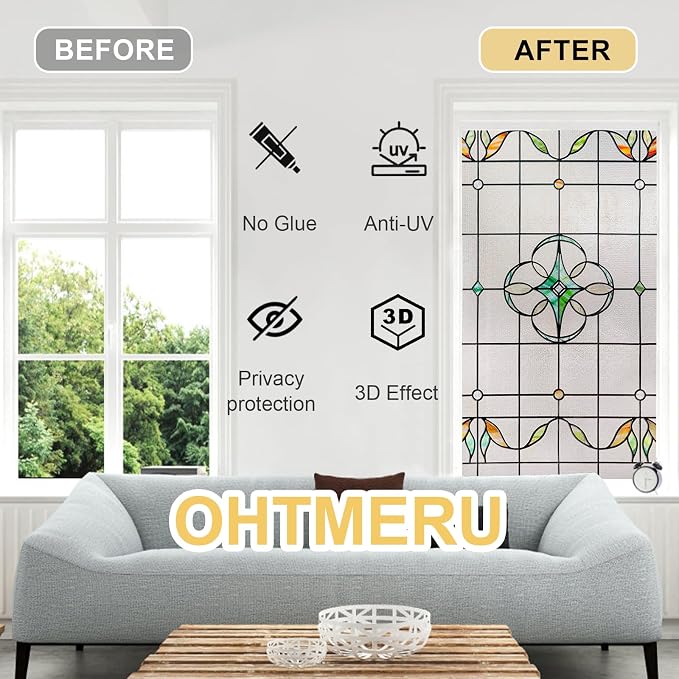 3D Stained Glass Window Privacy Film, Heat Control UV Blocking Static Cling - Image 3