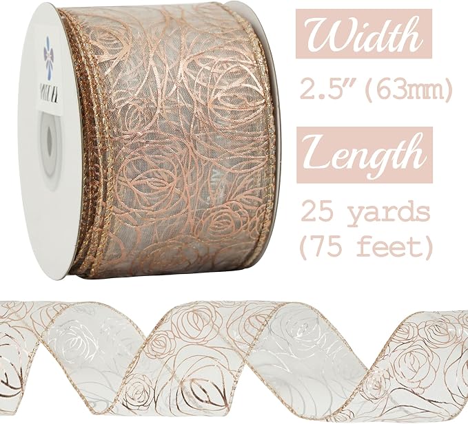 MEEDEE Floral Rose Wired 2.5 Inch Rose Gold Organza Sheer Ribbon, Wedding - Image 2