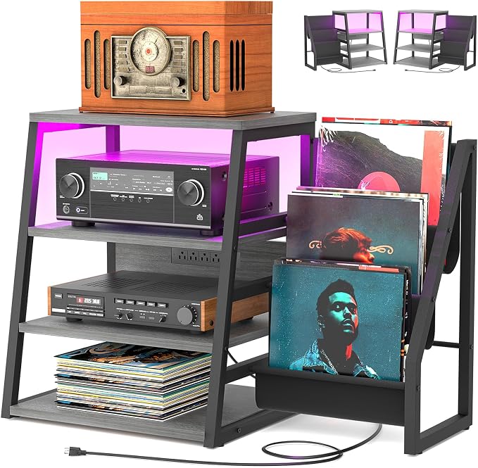 AV Media Stand with Outlets, Stereo Stands and Racks with Vinyl Storage by Besiost