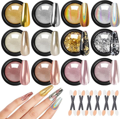Gold Silver Chrome Nail Powder, 12 Colors Iridescent Holographic Unicorn Chrome by DRMODE