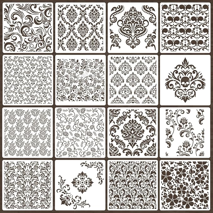 Damask Stencils for Crafts Reusable 6” Texture Stencils Floral Background by SUNVERSE