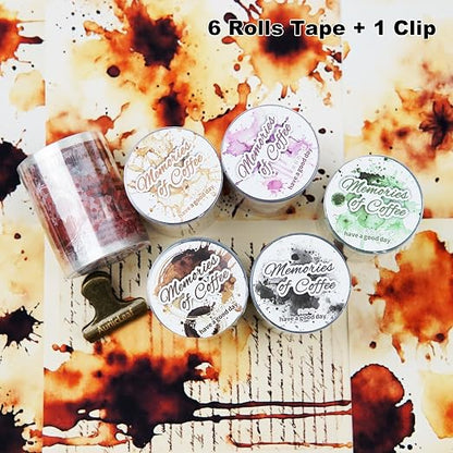 Memories of Coffee PET Tape Set, 6 Rolls Vintage Coffee Stain Stickers - Image 2
