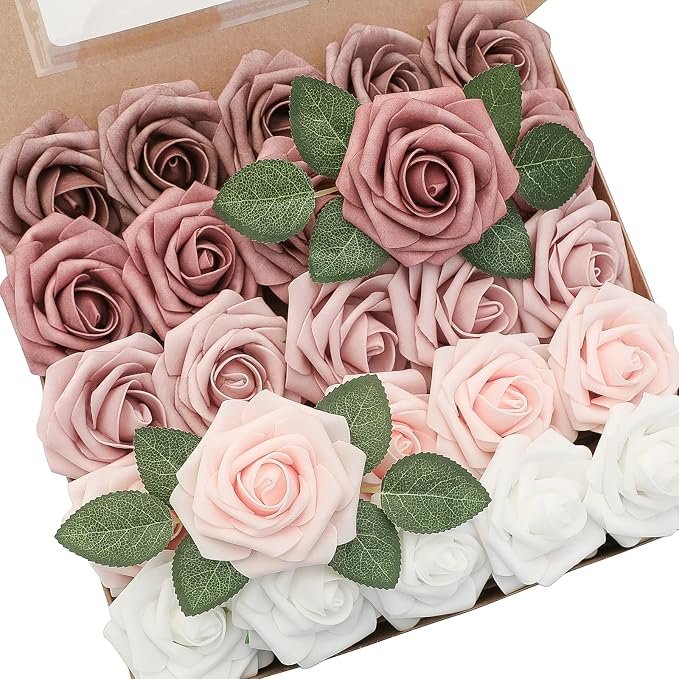 Floroom Artificial Flowers 25pcs Real Looking Dusty Rose Ombre Colors Foam Fake by Floroom