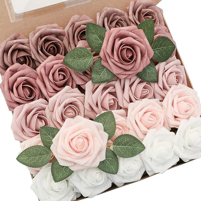 Floroom Artificial Flowers 25pcs Real Looking Dusty Rose Ombre Colors Foam Fake by Floroom