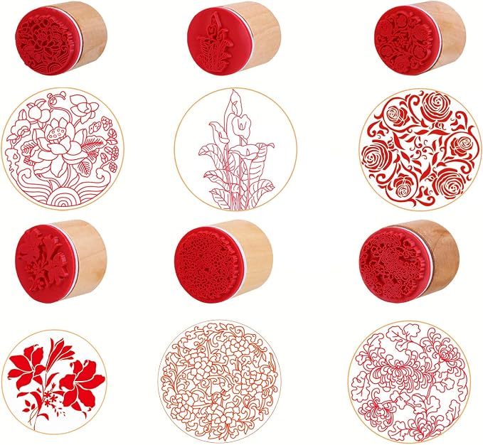 CCINEE 6pcs Round Rubber Stamps Floral Pattern Wooden Stamps by DECORA