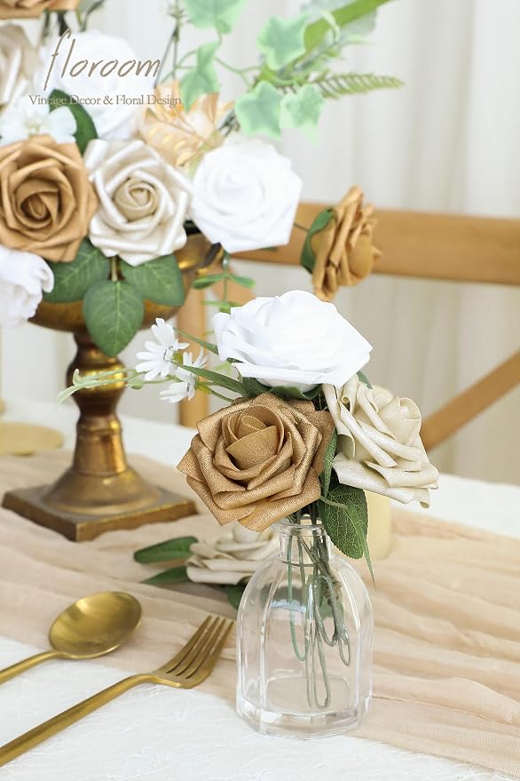 Floroom Artificial Flowers 25pcs Real Looking Gold & Champagne Gold Foam Fake - Image 4
