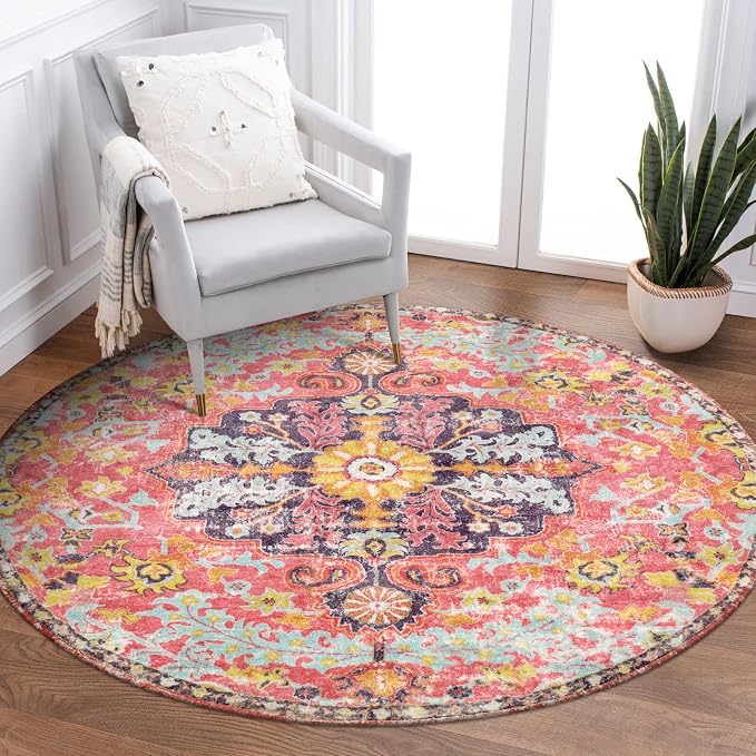 Lahome Bohemian Floral Medallion Round Rug - 3Ft Small Hot Pink Round Area Rug by Lahome