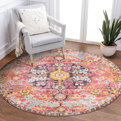 Lahome Bohemian Floral Medallion Round Rug - 3Ft Small Hot Pink Round Area Rug by Lahome