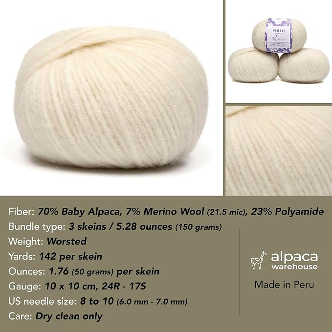 Pullu - Baby Alpaca Merino Wool Yarn Set of 3 Skeins Worsted Weight - Sourced - Image 3