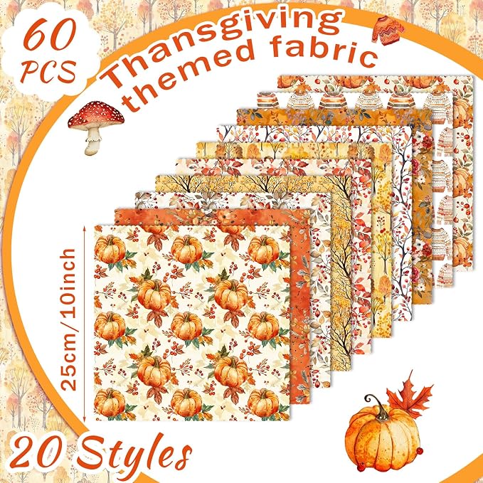 Ganeen 60 Pcs 10 x 10 Inch Fall Quilting Fabric Squares Thanksgiving Fat - Image 2