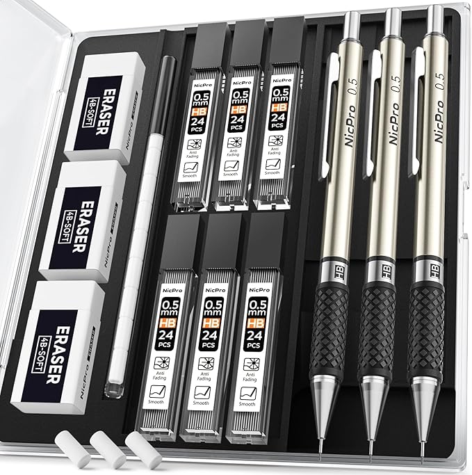 Nicpro 0.7 mm Art Mechanical Pencil Set in Storage Case, 3 Erasers by Nicpro
