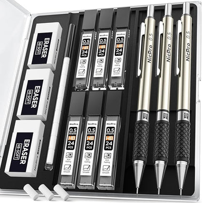 Nicpro 0.7 mm Art Mechanical Pencil Set in Storage Case, 3 Erasers by Nicpro