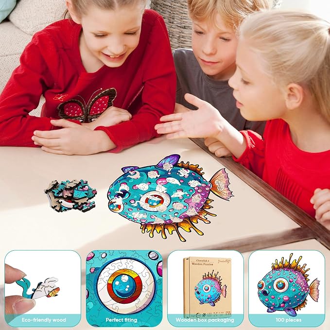 Wooden Puzzles for Kids, 100 Pieces Ocean Puzzle, Unique Fish Shaped Wooden - Image 3