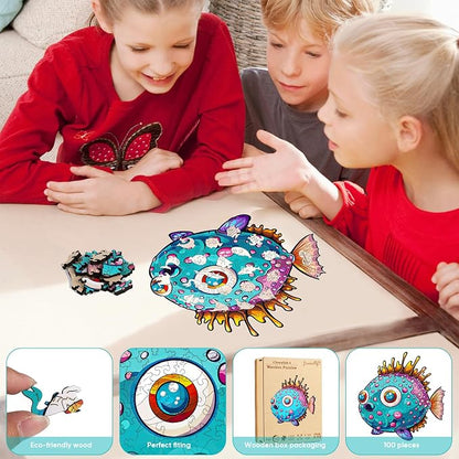 Wooden Puzzles for Kids, 100 Pieces Ocean Puzzle, Unique Fish Shaped Wooden - Image 3