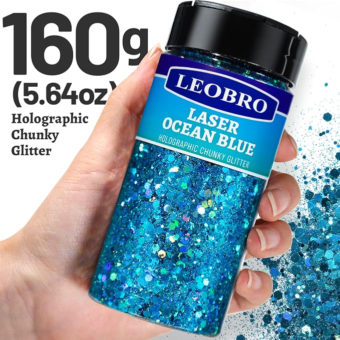 LEOBRO Blue Glitter, 160G/5.64OZ Holographic Chunky Glitter - Image 2