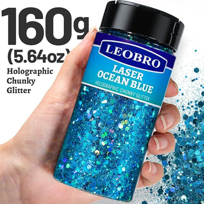 LEOBRO Blue Glitter, 160G/5.64OZ Holographic Chunky Glitter - Image 2