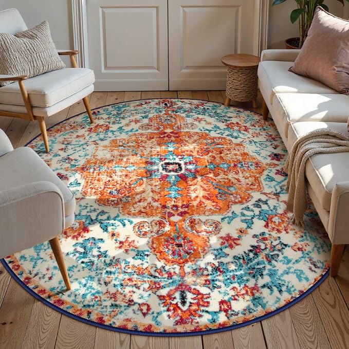 Lahome Washable Round Rugs 5'3"ft, Bohemian Orange Circle Rugs - Image 3
