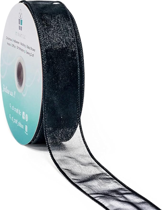 CT CRAFT LLC Sheer Organza Wired Ribbon 1.5" x 50Yards Black by CTCRAFTLLC