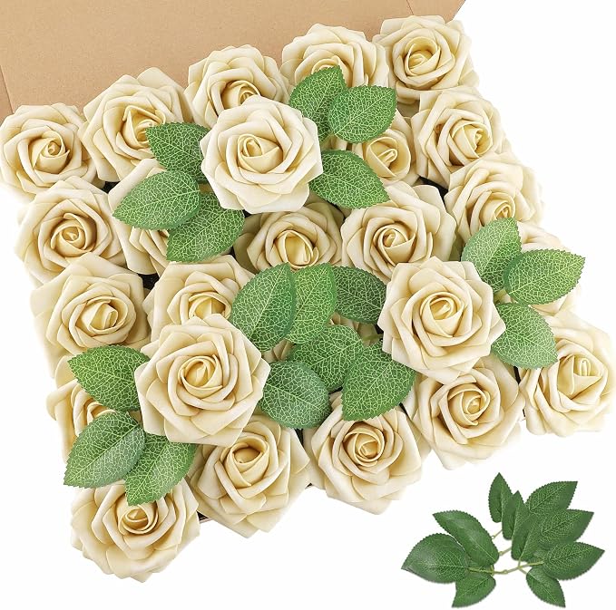 AmyHomie 25pcs Real Looking Artificial Beige Roses w/Stem by AmyHomie
