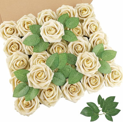 AmyHomie 25pcs Real Looking Artificial Beige Roses w/Stem by AmyHomie