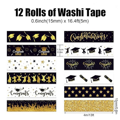 12 Rolls Graduation Washi Tape, Congratulations Grad Cap Decorative Paper - Image 2