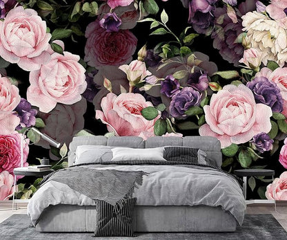 AFZEVEB-Black Watercolor Purple Peony Flower Wallpaper Wall murals - Image 2