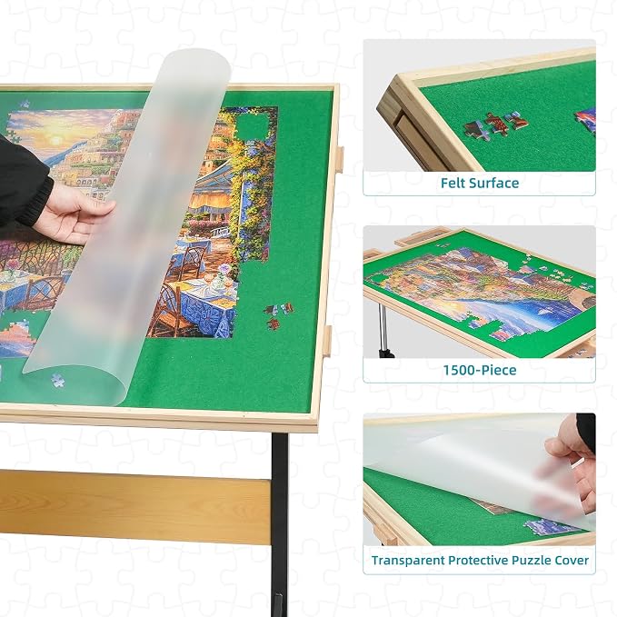 1500pcs Puzzle Table with Legs, 34.25" x 25.2"Wooden Jigsaw Puzzle Board with 4 - Image 6