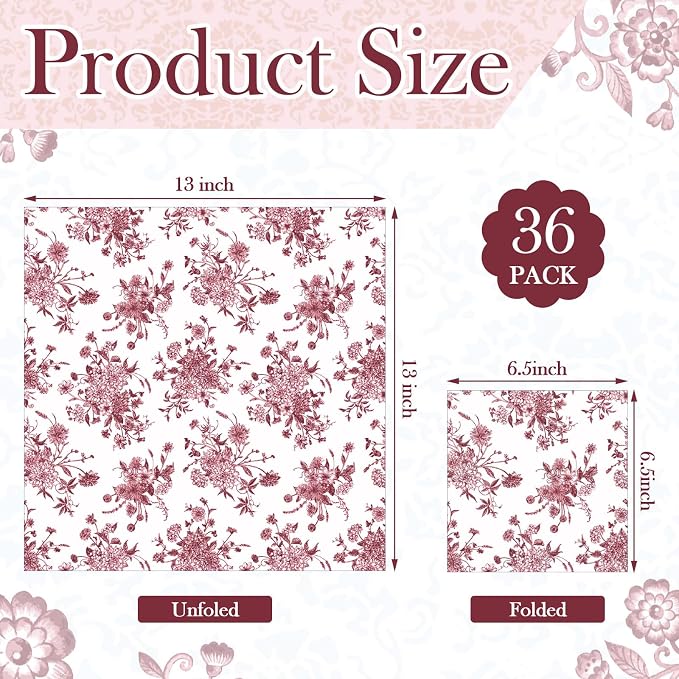 Epakh 36 Pack 6 Style Burgundy Decoupage Paper Napkins Assorted Floral - Image 3