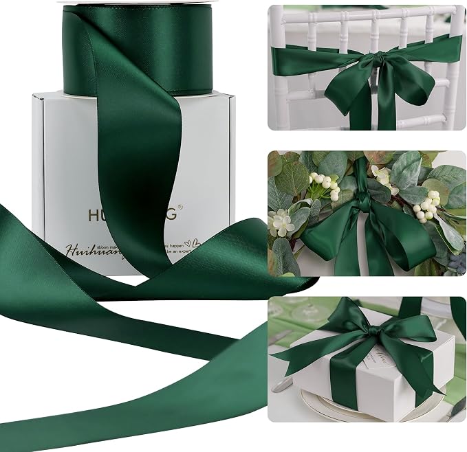 HUIHUANG Hunter Green Satin Ribbon 2 inch Double Side Green Satin Fabric Ribbon by HUIHUANG