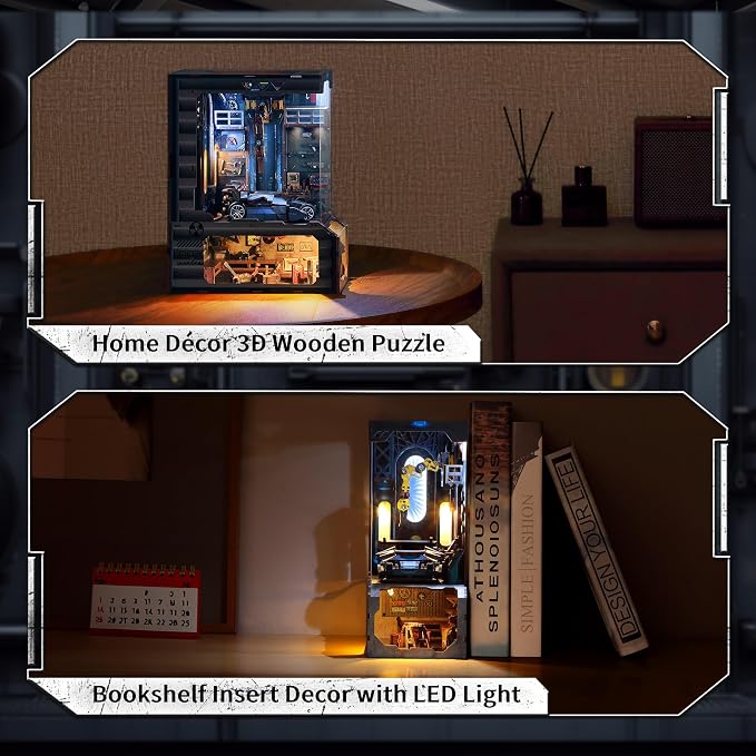 3D Wood Puzzle Book Nook Kit, Automobile Workshop Miniature Bookshelf Insert - Image 5