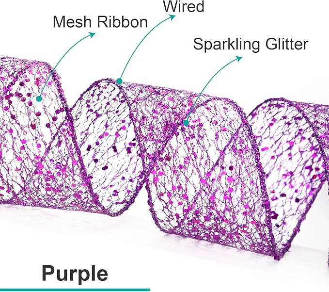 CT CRAFT LLC Sparkling Glitter Mesh Wired Ribbon 4" x 10 Yards Purple - Image 3