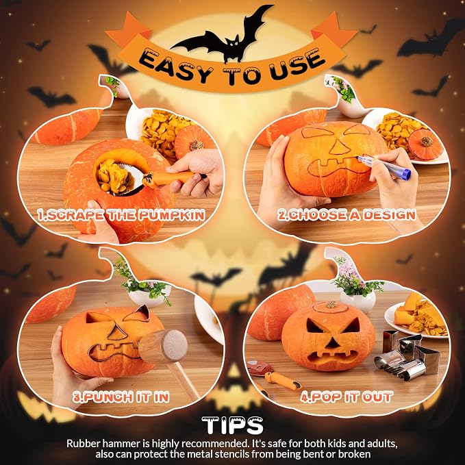 【With Hammer】Pumpkin Carving Kit Halloween, Safe and Easy Pumpkin Carving Set - Image 4