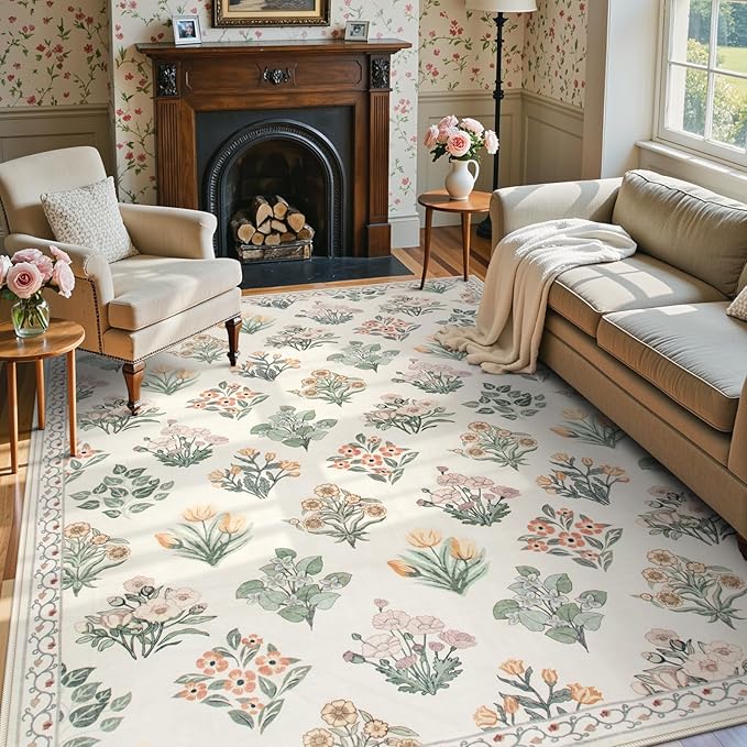 Wonnitar Nursery Rug for Baby Girl, Washable Moroccan Floral 5x7 Rug, by Wonnitar