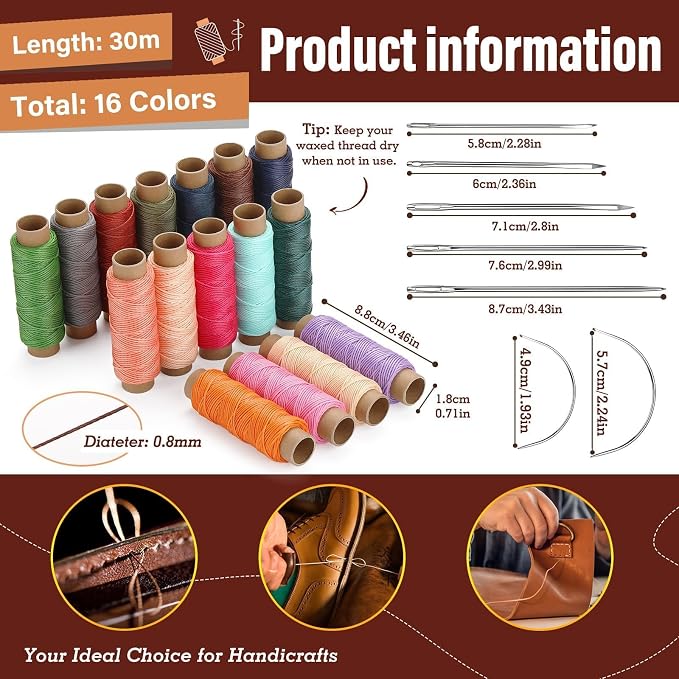 0.8 mm Leather Sewing Thread, 16 Colors 32 Yards Waxed Thread, Round Waxed - Image 2