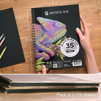 ARTISTIC EYE 9x12 Premium Black Paper Pads, Spiral Bound Sketchbook, 70 Sheets - Image 2