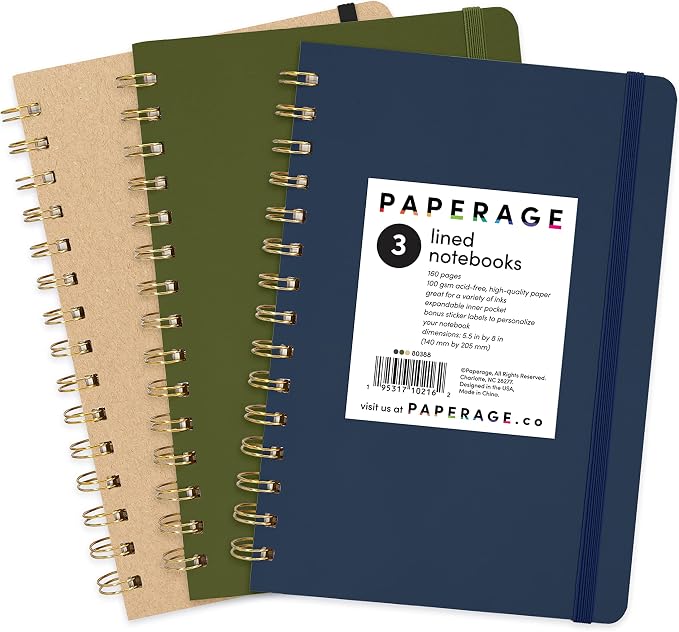 PAPERAGE Lined Spiral Journal Notebook, 3 Pack, 160 Pages, Medium 5.5 inches x by PAPERAGE