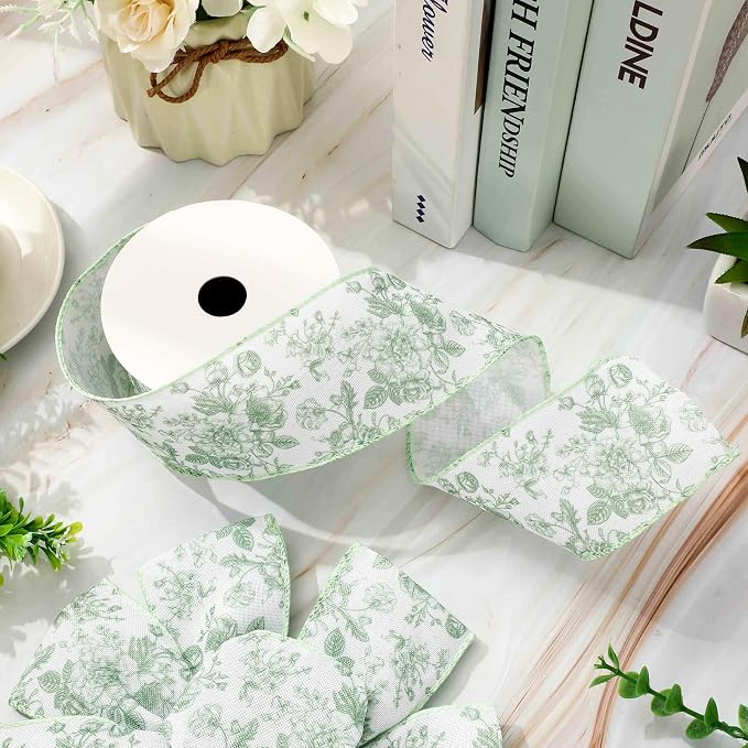 AnyDesign Floral Wired Edge Ribbon Roll Green Flower Ribbon Chinoiserie Fabric - Image 3