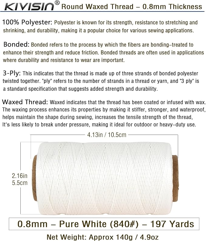 Bonded 0.8mm Round Waxed Polyester Cord, 3-ply Wax Coated Thread, 197 Yards - Image 2