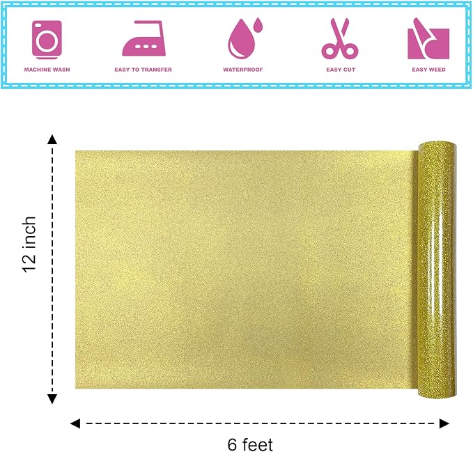 Gold Glitter Heat Transfer Vinyl 12Inch*6FT Glitter Iron on Vinyl - Image 3