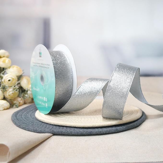 CT CRAFT LLC Glitter Wired Ribbon 1.5" x 20 Yards Silver - Image 4
