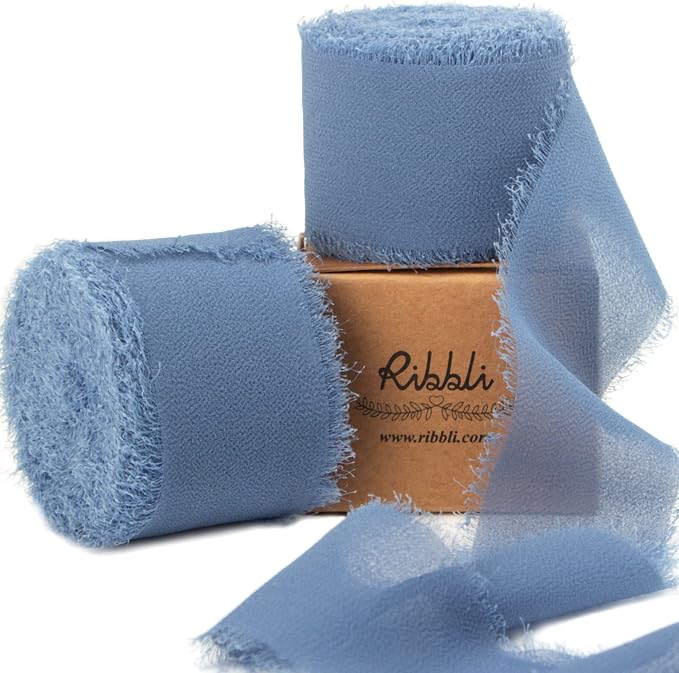 Ribbli Dusty Blue Chiffon Ribbon 1-1/2 inch x 20 Yard Handmade Fringe Chiffon by Ribbli