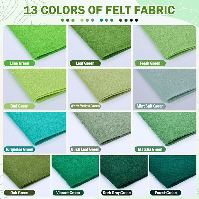 XSEINO 13 Rolls 8"x35" 1.4mm Thick Soft Felt Fabric Sheet 13 Assorted Green - Image 2