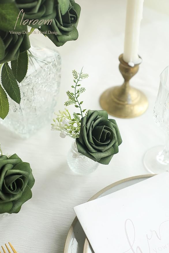 Floroom Artificial Flowers 50pcs Real Looking Emerald Green Foam Fake Roses - Image 3