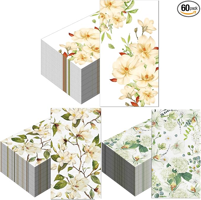 60 Pack 3 Styles Floral White Magnolia Blossom Guest Napkins Disposable Paper by HFHYXIN