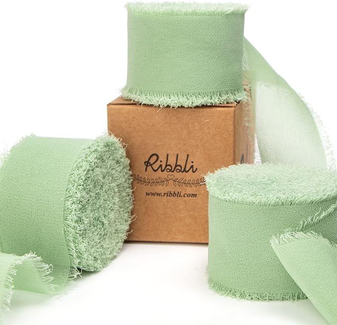 Ribbli Sage Green Chiffon Ribbon 1-1/2 inch x 30 Yard Handmade Fringe Chiffon by Ribbli