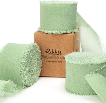 Ribbli Sage Green Chiffon Ribbon 1-1/2 inch x 30 Yard Handmade Fringe Chiffon by Ribbli