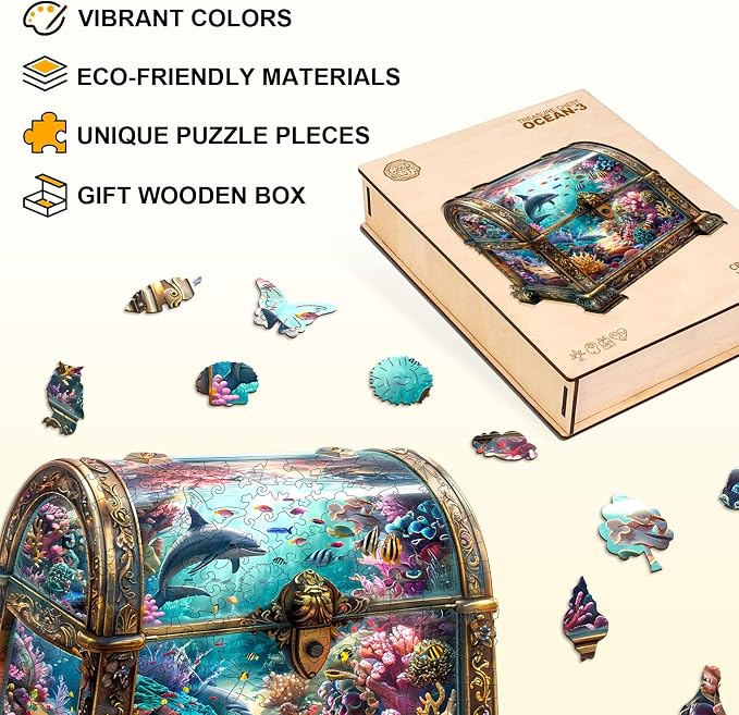 Wooden Puzzles for Adults, Treasure Chest Ocean Wooden Jigsaw Puzzle Unique - Image 3
