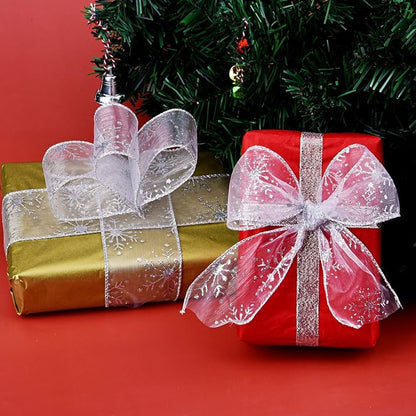 2.5 Inch Wide Christmas Wired Ribbon Snowflake Organza Sheer Glitter Ribbon - Image 6